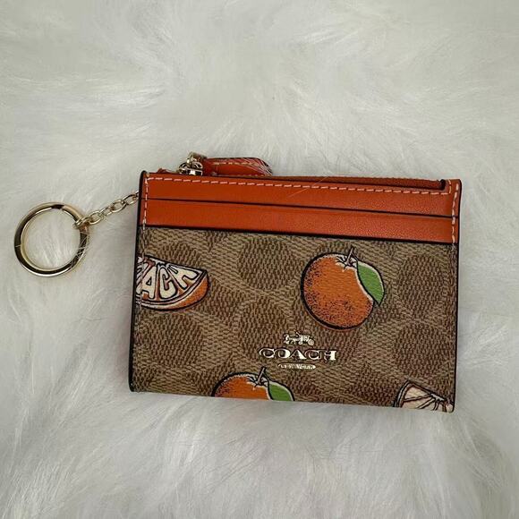Coach Mini Skinny Id Case In Signature Canvas With Orange Print In Tan CAR21 NWT - Picture 2 of 4
